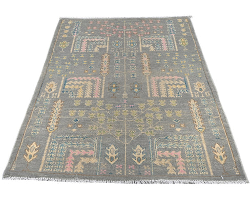3x4 Gray Kuba Afghan Hand Knotted Wool Area Rug